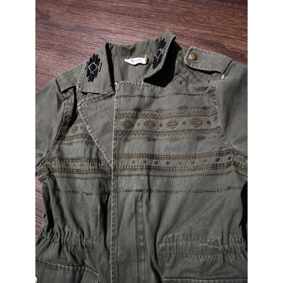 Miss Me Girls Jacket Girls L Green Military Embroidered Beaded Lined Pockets - Picture 3 of 9